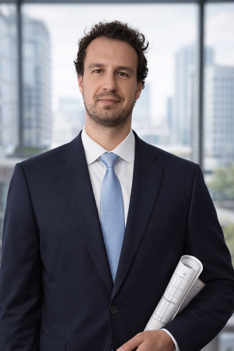 Portrait of Andrew K. Boon holding a roll of drawings